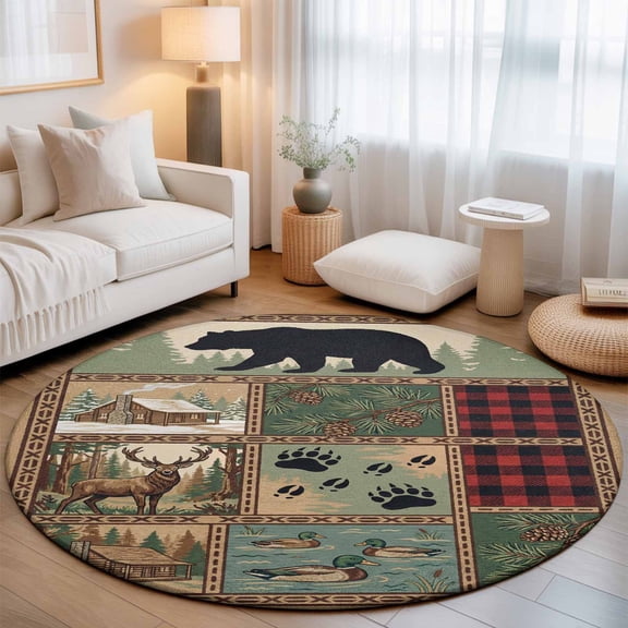Animal Patchwork Washable Round Area Rug 4 ft, Forest Farmhouse Bear Deer Tree Pinecon Red Plaid, Soft Non Slip Rugs Stain Repellent Indoor Felt Carpet for Living Dining Room Bedroom Home Office