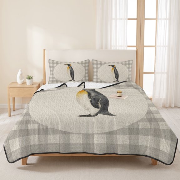 Animal Pattern Art Penguin on Burlap 3 Pieces Quilt Set,1 Quilt with 2 Shams,Farm Gray Buffalo Checker Bedspread Soft Lightweight Bedding Coverlet Comforter Set for All Season 96"x106"