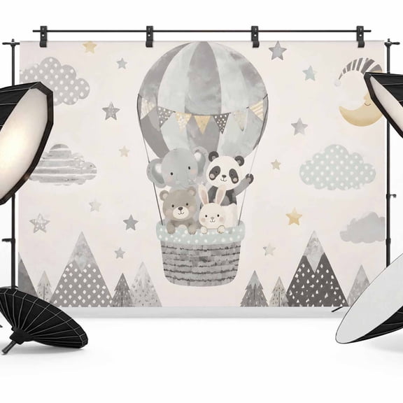 Animal Pattern Hot Air Balloon Backdrops for Photography, Panda Elephant Bear Rabbit Mountains Fabric Photo Background Sturdy Studio Props for Photo Studio, Video Recording, Booth & Photoshoot 7x5ft