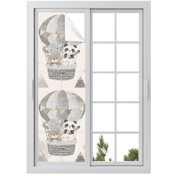 Animal Pattern Hot Air Balloon Window Privacy Film, Panda Elephant Bear Rabbit Mountains Frosted Glass Window Clings Static Cling UV Heat Blocking Reusable Door Sticker for Bathroom 29.5 x 118 Inch
