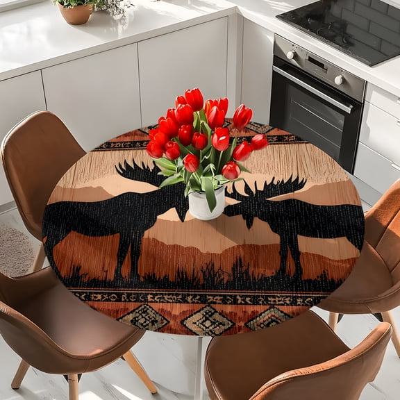 Animal Pattern Moose Silhouettes Round Fitted Tablecloth with Elastic Edge,Waterproof Table Cloth Fits Tables Up to 36"-44",Wipeable Table Cover for Indoor Outdoor Dinning Party,Retro Aztec Border