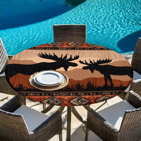 Animal Pattern Moose Silhouettes Round Fitted Tablecloth with Elastic Edge,Waterproof Table Cloth Fits Tables Up to 45"-54",Wipeable Table Cover for Indoor Outdoor Dinning Party,Retro Aztec Border
