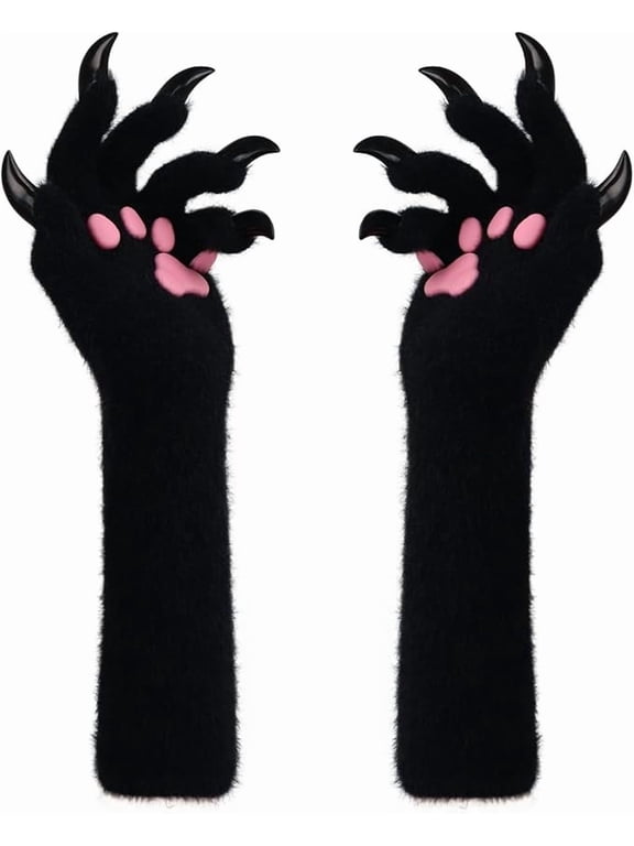Animal Paw Gloves Halloween Cosplay Costume Accessory, Plush Cat Bear Fox Wolf Dog Claw Mittens for Adults Teens, Black (1 Pair, Black)