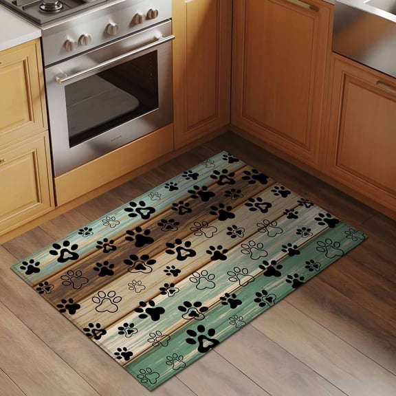 Animal Paw Print 2x3 Rug for Entryway Front Door Kitchen Sink Area, Dog Claws Pattern Brown Green Wooden Striped Low Pile Washable Non Slip Rectangle Area Rug