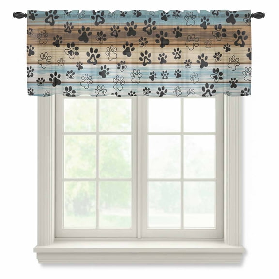 Animal Paw Print Semi Sheer Valance Curtains Dog Claws Pattern Brown Blue Wooden Striped Voile Valances Curtain Rod Pocket Small Window Treatment for Kitchen Bathroom Cafe 60"x18"