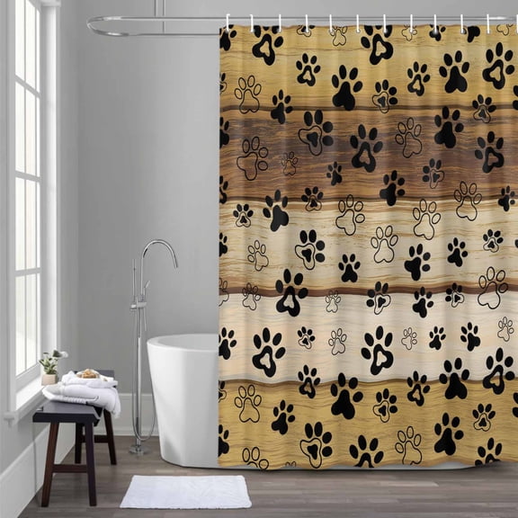 Animal Paw Print Shower Curtain for Bathroom Decor, Dog Claws Pattern Brown Wooden Striped Waterproof Fabric Shower Curtain, 36"x72" Set with 12 Hooks