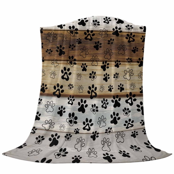Animal Paw Print Throw Flannel Blanket Dog Claws Pattern Brown Gray White Wooden Striped Super Soft Cozy Bed Blanket, Lightweight Plush Fuzzy Bed Throw for Bedroom Sofa Couch Living Room 60x80In,