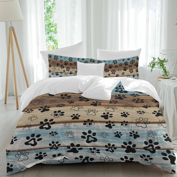 Animal Paw Print Twin Size Comforter Set, Dog Claws Pattern Brown Blue Wooden Striped Bedding for All Seasons, 4 Pcs Bed Set, 1 Quiltcover (68"x86") ,1Sheet(67"x116"), 2Pillowcases (30"x20")