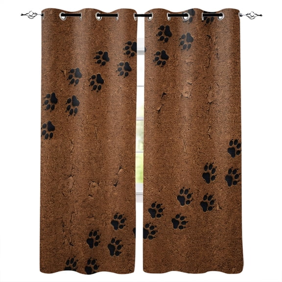 Animal Paw Prints Blackout Curtains for Bedroom/Living Room, Thermal Insulated Kitchen Curtains, Cute Pet Footprints Mud Minimalist Brown Grommet Darkening Window Treatment Drapes 52"x84"x2