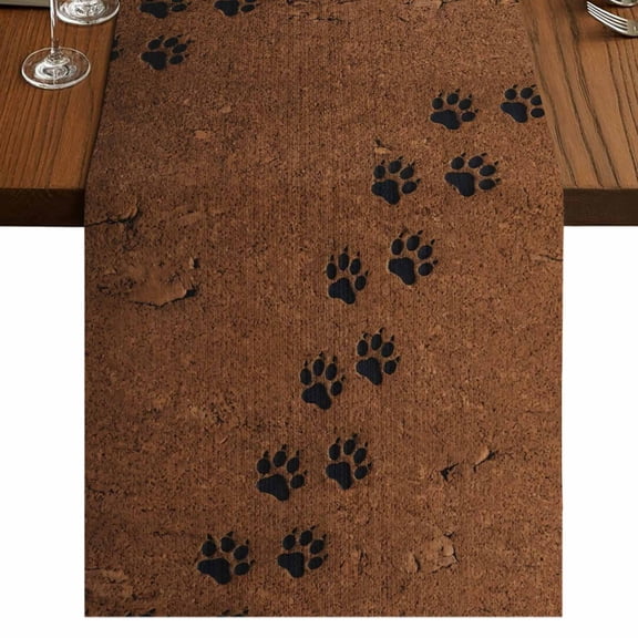 Animal Paw Prints Burlap Cotton Table Runner 13x36 Inches Short, Cute Pet Footprints Mud Minimalist Brown Farmhouse Table Runners, Outdoor Dining Table Decor for Baby Shower/Party/Wedding