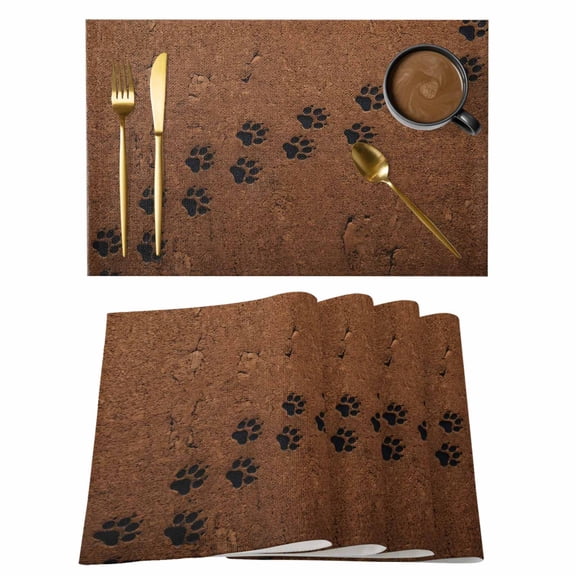 Animal Paw Prints Placemats Set of 4 Cute Pet Footprints Mud Minimalist Brown Place Mats Indoor Wipeable Table Mats Washable Dining Table Placemats for Kitchen Holiday Party Home Decor 13x19 Inch