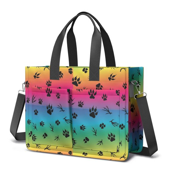 Animal Paw Prints Rainbow Pattern Canvas Messenger Tote Bag, Laptop Shoulder Bag with Multi Pockets & Removable Strap, Large Capacity Gifts for Work Travel Shopping