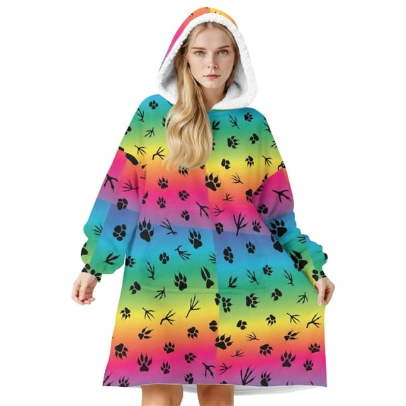 Animal Paw Prints Rainbow Pattern Oversized Sherpa Fleece Wearable Blanket Hoodie, Double-Sided Warm Fuzzy Pullover with Super Pockets for Women & Men