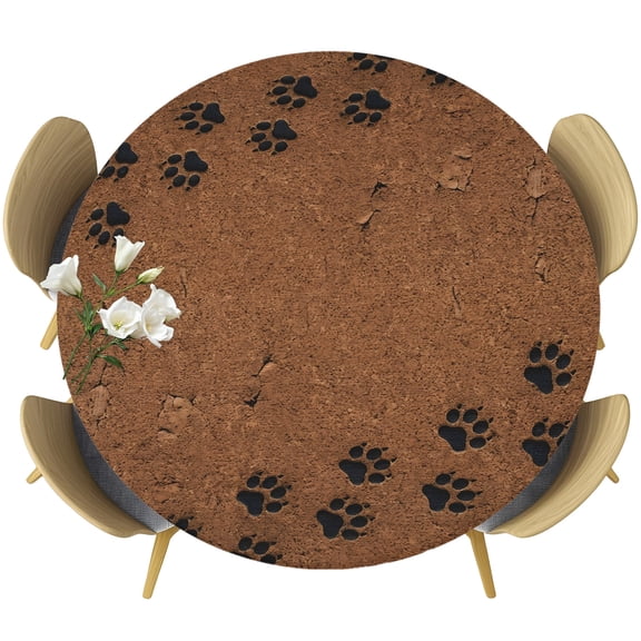 Animal Paw Prints Round Tablecloth 36-44 Inch Round Fitted Table Cloth with Elastic Edge, Cute Pet Footprints Mud Minimalist Brown Waterproof Table Cover Protector for Outdoor Picnic Party Dining