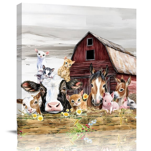 Animal Pig Cow Farm Barn Canvas Artwork Painting Art, Retro Fence Country Wheat Harvest Square Framed Wall Decorations Prints Picture for Bedroom Kitchen Living Room, 8x8 in