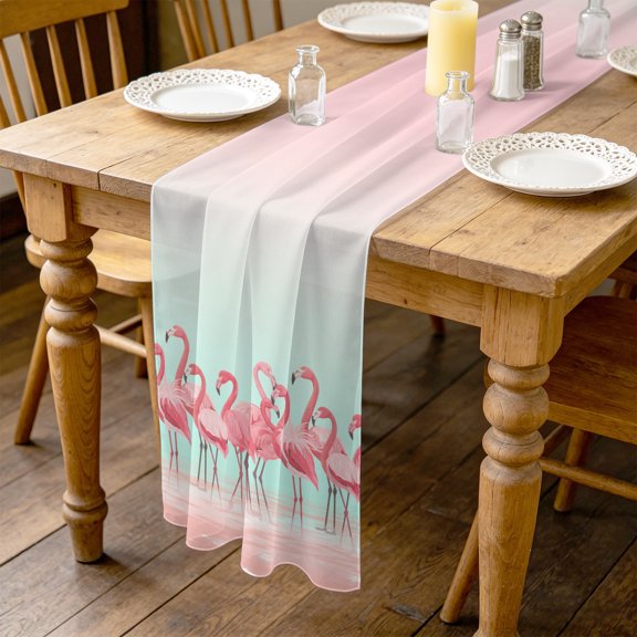 Animal Pink Flamingo 4.5ft Cheesecloth Table Runner for Dining 19"x55", Art Deco Pink Ripples Gradient Kitchen Dinner Sheer Tulle Chiffon Dresser Scarf, Holiday Party Decorations