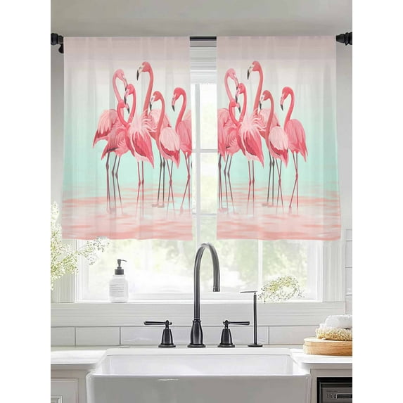 Animal Pink Flamingo Sheer Curtains 45 Inches Long 2 Panels Art Deco Pink Ripples Gradient Light Filtering Semi Sheer Window Curtains Drapes for Bedroom Living Room 52"x45"