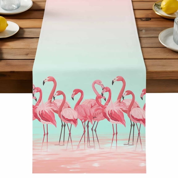 Animal Pink Flamingo Table Runner, Art Deco Pink Ripples Gradient Cotton Linen Table Cloth, Tablerunner for Kitchen Dining Party Wedding Home Decor 13x36 Inch