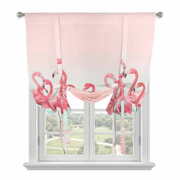 Animal Pink Flamingo Tie Up Curtain for Window, Art Deco Pink Ripples Gradient Adjustable Tie Up Balloon Curtain Valances Rod Pocket Window Treatment for Kitchen Bathroom Bedroom 42"x45"