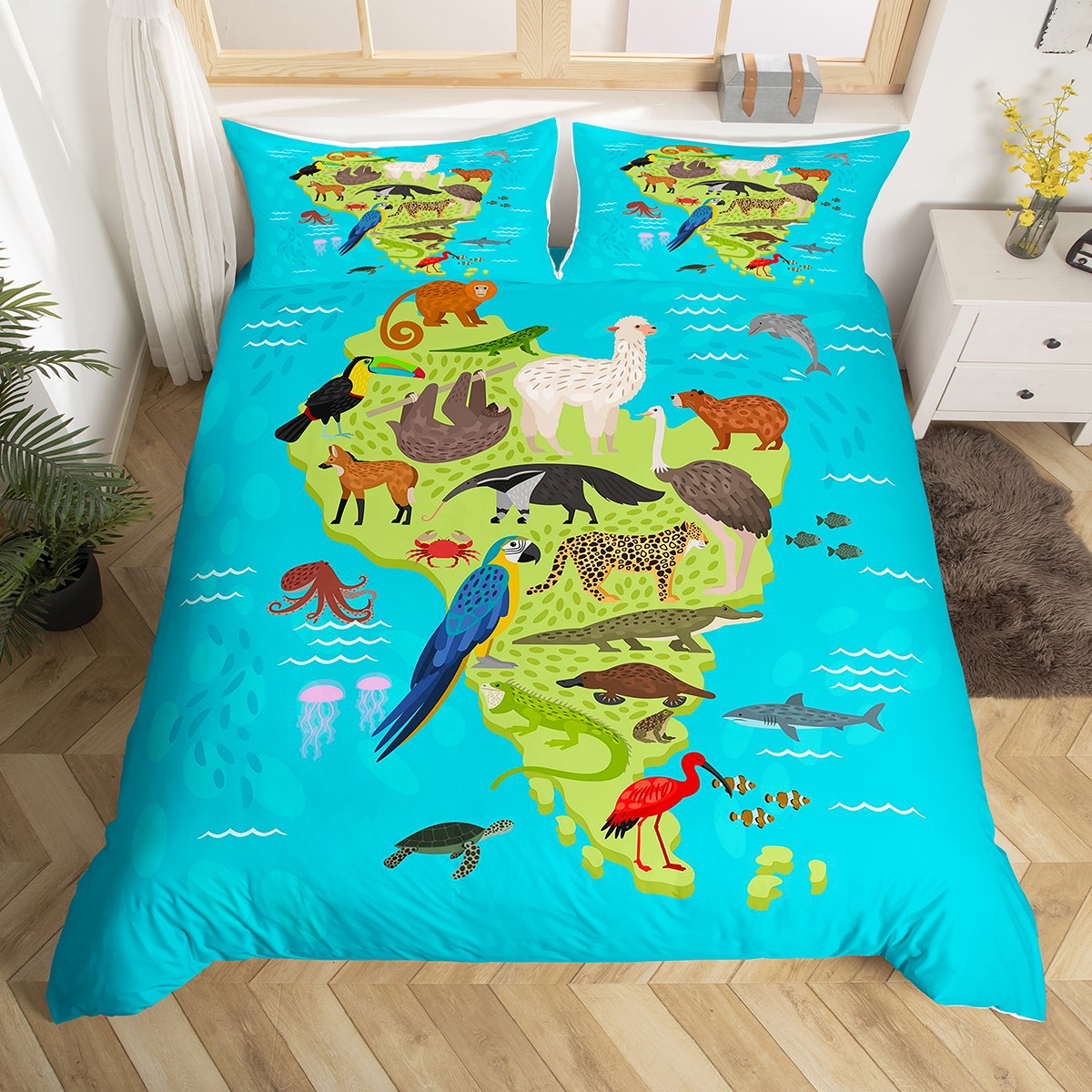 Animal Duvet Cover King, Zoo Animal Bedding Set Capybara Alpaca Monkey Farm Animal