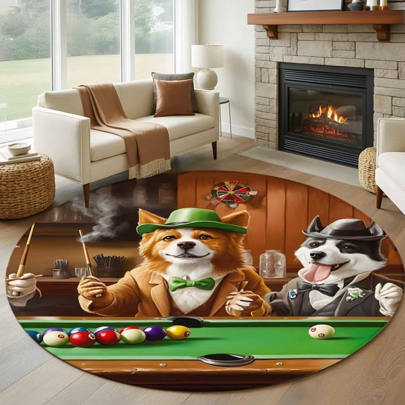 Animal Playing Billiards 7FT Round Area Rugs for Living Room 111 Abstract Dog Board Games Ultra-Thin Non-Slip Round Rugs Machine Washable Low Pile Circle Carpet for Bedroom Kitchen Nursery