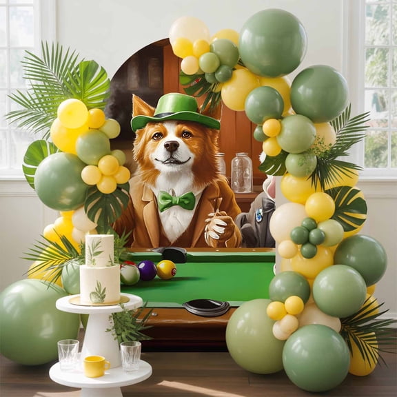 Animal Playing Billiards Arch Backdrop Cover, 5FT, Abstract Dog Board Games Spandex Arch Covers Double-Sided Backdrop for Wedding Birthday Party Photo Background Decoration