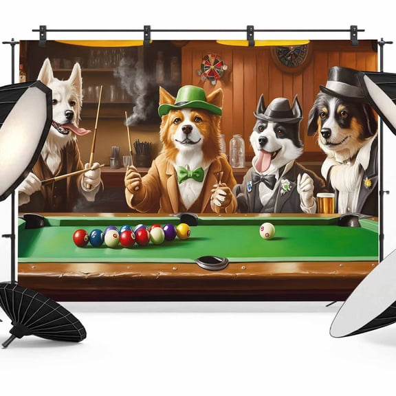 Animal Playing Billiards Backdrop for Photography, Abstract Dog Board Games Photo Backdrop Portrait Background Party Banner Photo Backgrounds for Studio Booth Props, 12x8ft