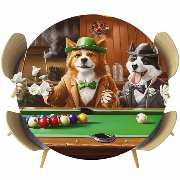 Animal Playing Billiards Round Fitted Table Cover Abstract Dog Board Games Waterproof Table Cloth with Elastic Edge Wipeable Tablecloth for Picnic Camping Party Fits 55"-60" Diameter