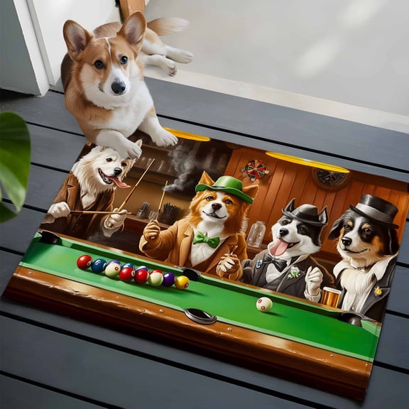 Animal Playing Billiards Washable Area Rug 2x3 111 Abstract Dog Board Games Low-Profile Area Rugs with Non Slip Backing Indoor Floor Carpet for Entrance Living Room Bedroom Home Office