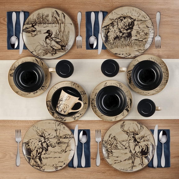 Animal Print 16 Piece Dinnerware Set Service for 4 Black Beige Stoneware
