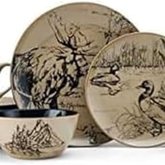 Animal Print 16 Piece Dinnerware Set, Service for 4, Black and Beige
