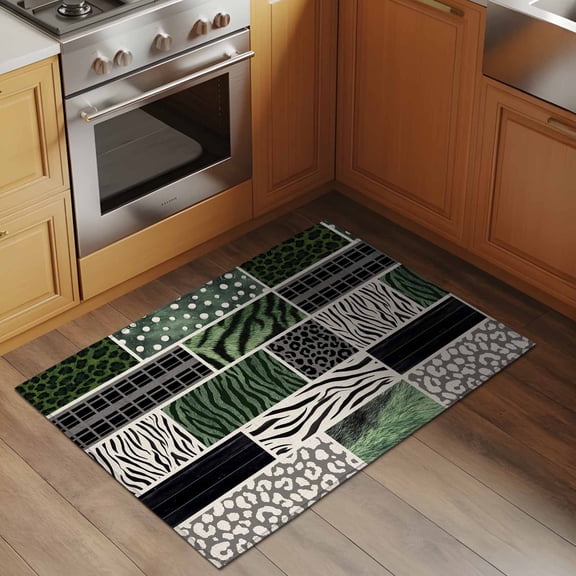 Animal Print 2x3 Rug for Entryway Front Door Kitchen Sink Area, Art Rustic Green Leopard Zebra Tiger Stripes Plaid Low Pile Washable Non Slip Rectangle Area Rug