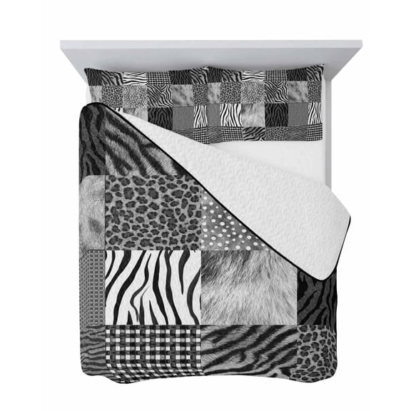 Animal Print 3 Piece Quilt Set King Size, Art Rustic Gray Leopard Zebra Tiger Stripes Plaid Soft Bedspread Coverlet Bedding Set Microfiber Lightweight Comforter Set with 2 Pillowcases for Bedroom