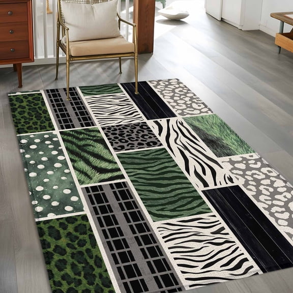 Animal Print 3x5 Rug for Bedroom Foot of Bed Small Living Room, Art Rustic Green Leopard Zebra Tiger Stripes Plaid Washable Non Slip Rectangle Area Rug
