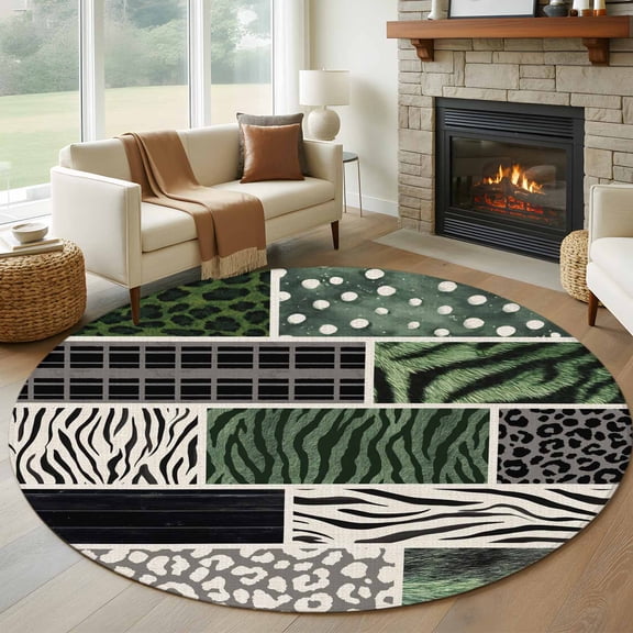 Animal Print 7ft Round Rug for Living Room Conversation Area, Art Rustic Green Leopard Zebra Tiger Stripes Plaid Washable Non Slip Large Circle Area Rug