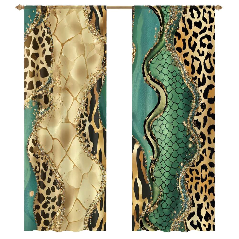 Animal Print Agate Gold Green Glam Sheer Window Curtains for Living