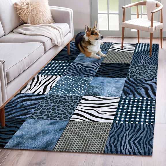 Animal Print Area Rugs 4x6 ft Rustic Leopard Zebra Tiger Stripes Plaid Blue Washable Rug Non Slip Indoor Carpet Absorbent Floor Mat for Living Room Bedroom Dining Room