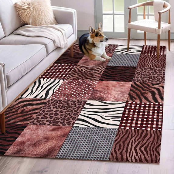 Animal Print Area Rugs 4x6 ft Rustic Leopard Zebra Tiger Stripes Plaid Red Washable Rug Non Slip Indoor Carpet Absorbent Floor Mat for Living Room Bedroom Dining Room