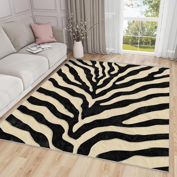 Animal Print Area Rugs, Black Cream Zebra Pattern Carpet, Washable Non Slip Low Pile Soft Rug for Living Room Bedroom Decor Mat 5x7ft