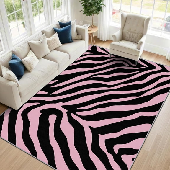 Animal Print Area Rugs, Pink Zebra Stripe Carpet, Washable Non Slip Low Pile Soft Rug for Living Room Bedroom Decor Mat 2x3ft