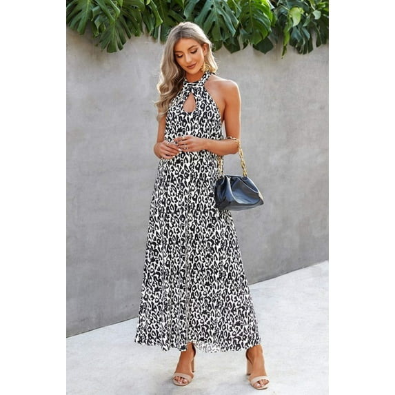Animal Print Backless Halter Flowing Maxi Dress