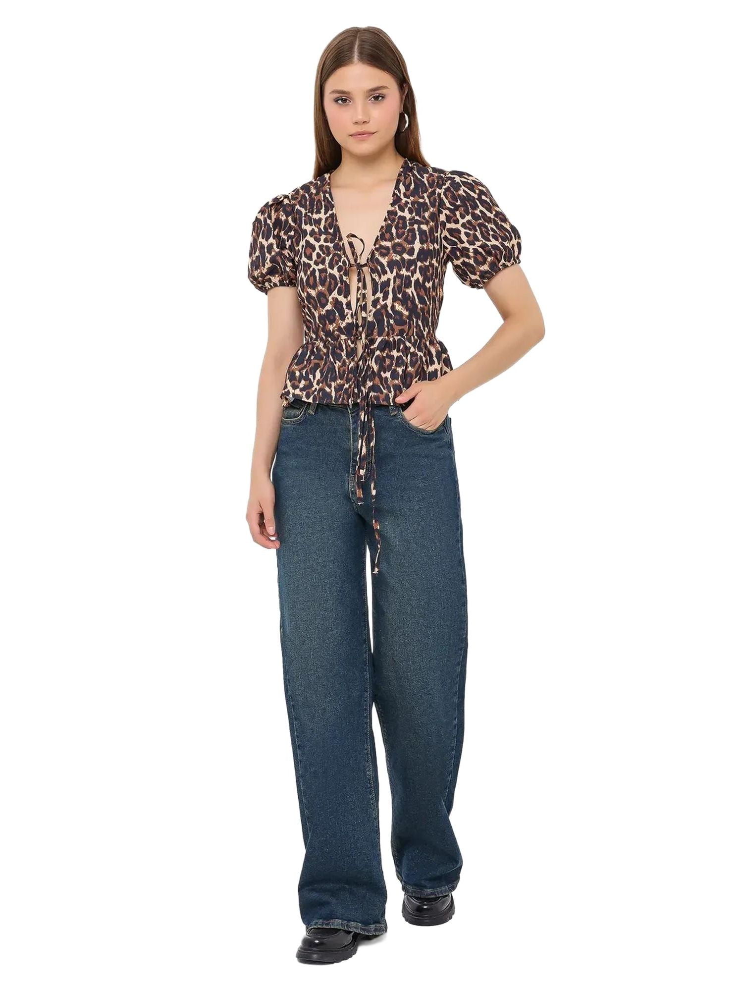 Tropical Print Balloon Sleeve Blouse