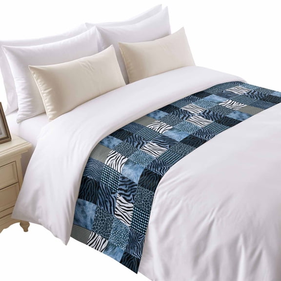 Animal Print Bed Runner for Queen Size Bed, Rustic Leopard Zebra Tiger Stripes Plaid Blue Soft Bedding Scarf Bedding Protector Slipcover Sofa Throw for Bedroom Hotel Guesthouse