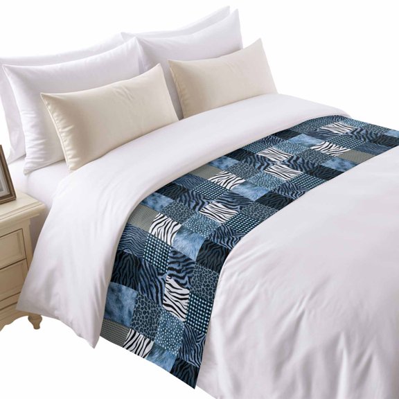 Animal Print Bed Runner for Twin Size Bed, Rustic Leopard Zebra Tiger Stripes Plaid Blue Soft Bedding Scarf Bedding Protector Slipcover Sofa Throw for Bedroom Hotel Guesthouse