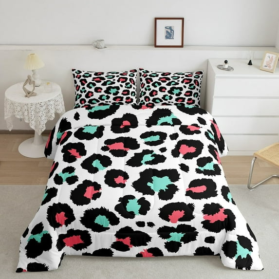 Animal Print Bedding Set Full Leopard Print Comforter Set, African Safari Wildlife Duvet Insert Teal Pink Quilt Set, Cheetah Bedding Comforters & Sets Luxurious Room Decoratives 3pcs