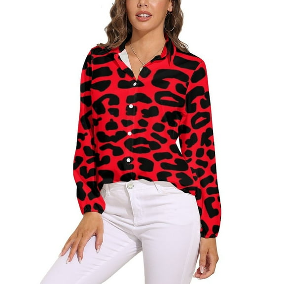 Animal Print Black Red Leopard Spots Long Sleeve Blouse Woman Streetwear Casual Shirts Summer Oversize Woman Streetwear Clothing Birthday Present
