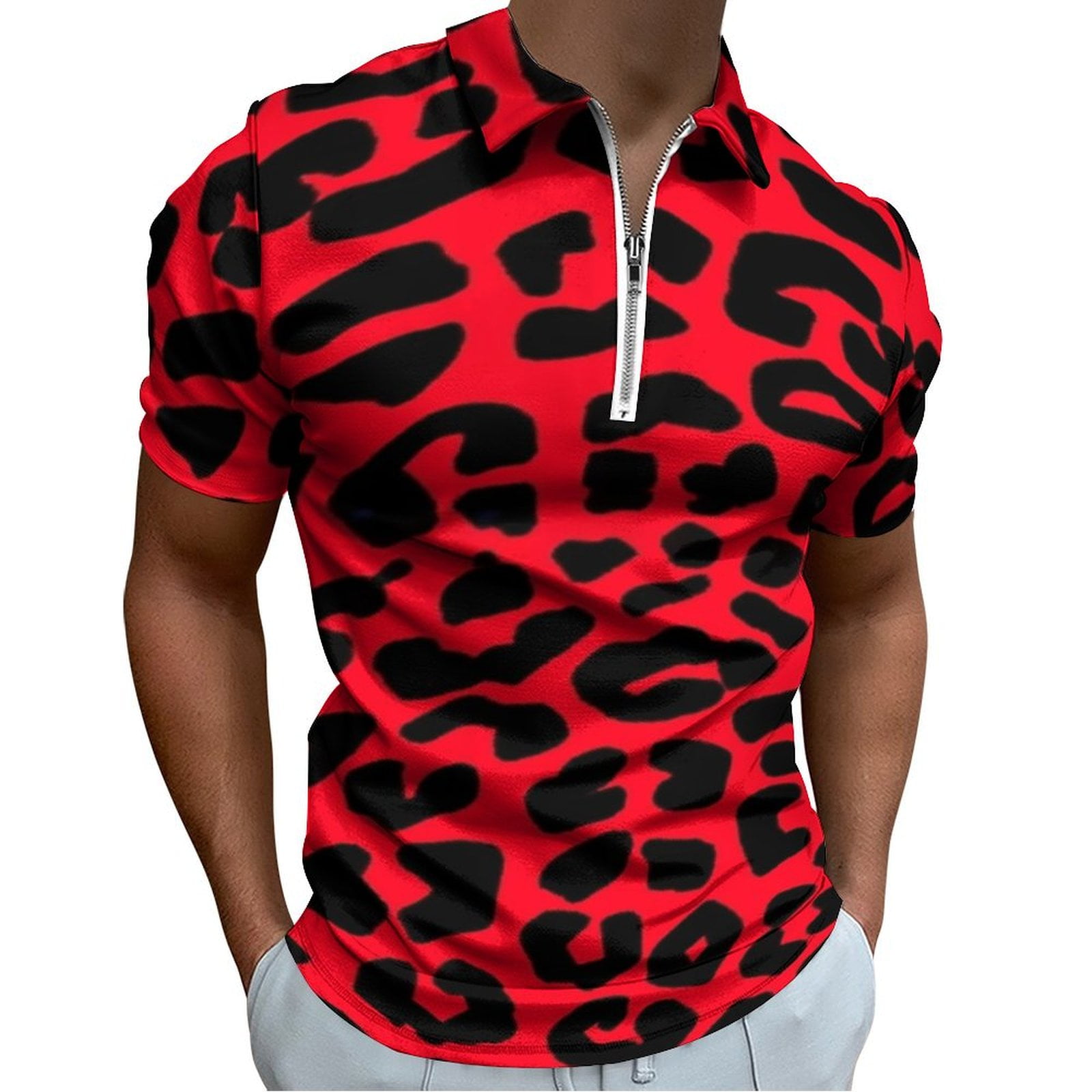 Animal Print Black Red Leopard Spots Men Zipper T-shirt Summer