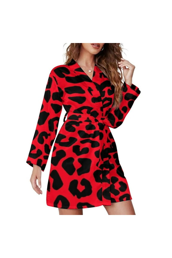 Animal Print Black Red Leopard Spots Night Robe Long Sleeve V Neck Robe With Belt Women's Sleepwear Dresses