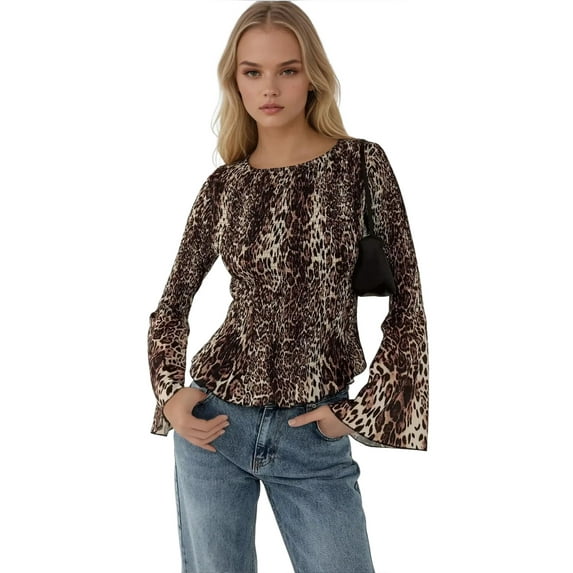 Animal Print Boat Neck Top with Shirred Detail