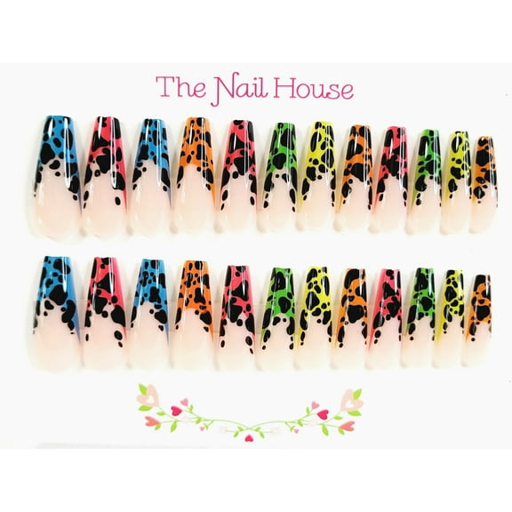 Animal Print Brights French Manicure Glossy Coffin Press-on Nails by The Nail House NH - 24 Pieces